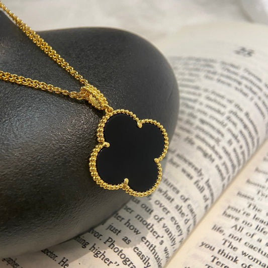 [AuraEcho]CLOVER 25MM NECKLACE GOLD ONYX